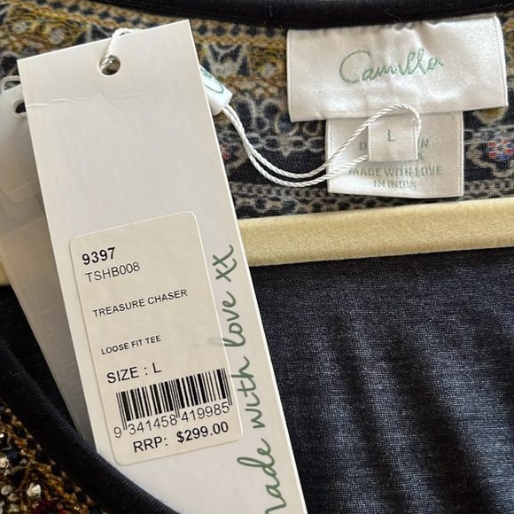 Camilla model top loose fit tee with jeweled embellishments at neckline - Picture 3 of 4